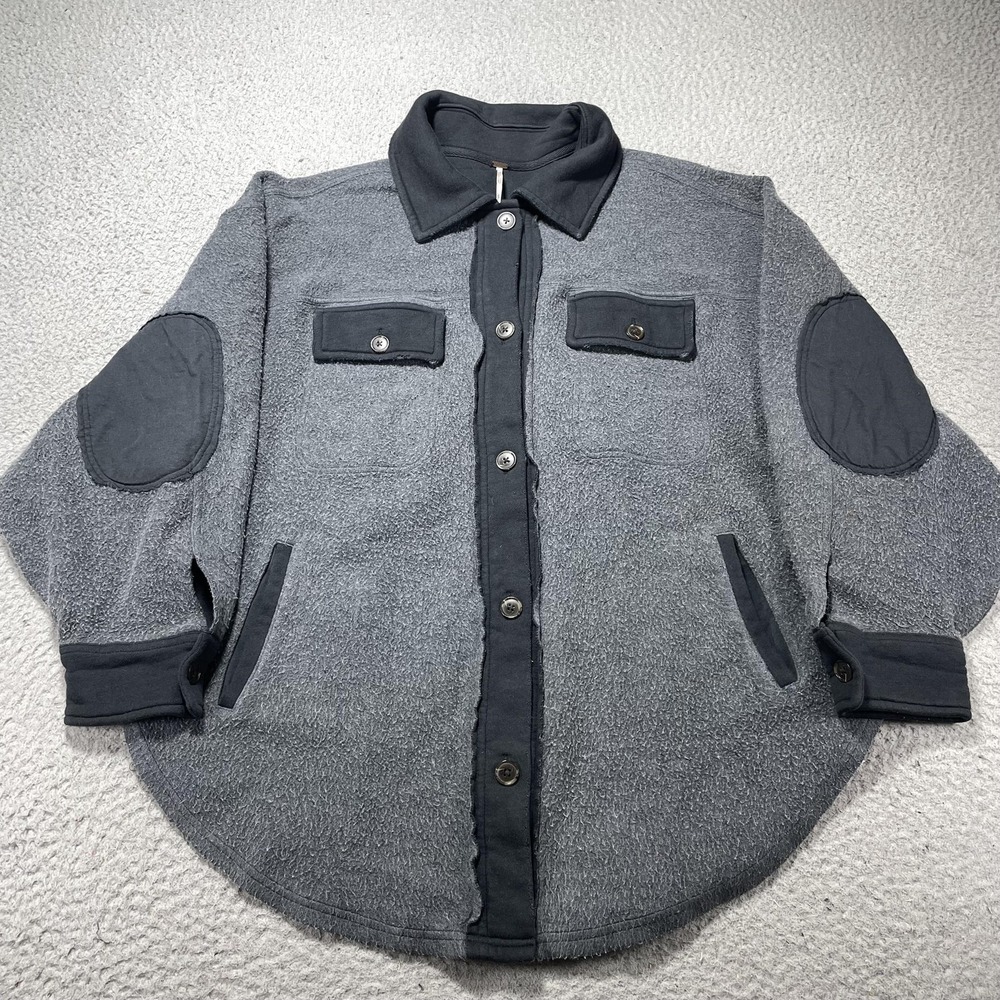 Free People Jacket Womens Small Gray Fleece Shacket Button Front Pockets‎ Cozy